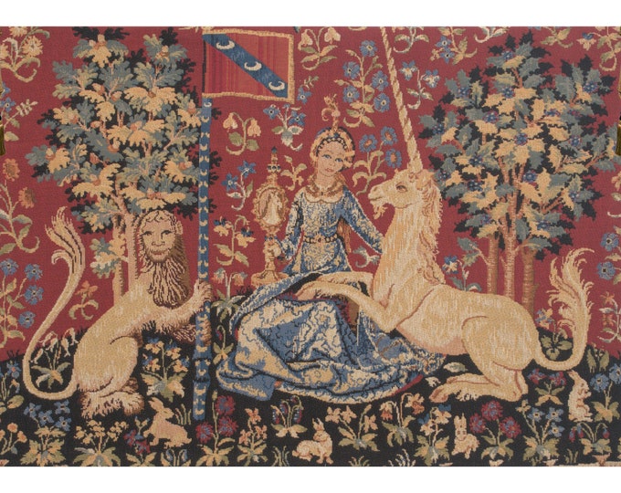 Lady and Unicorn Tapestry: Medieval Millefleurs Art, Woven in Belgium (18x26 inch)