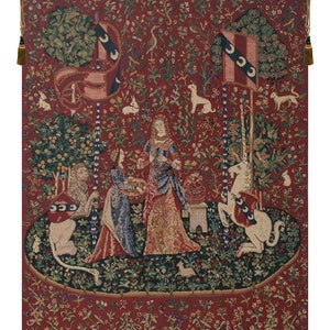 Lady and the Unicorn Medieval Wall Tapestry - Red Mille Fleurs European Woven Art Hanging for Home Decor