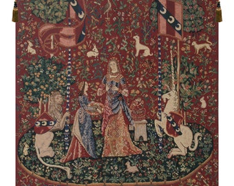 Smell Lady and the Unicorn European Wall Tapestry Woven - Red Mille Fleurs Wall Hangings - Medieval Decorative Wall Art