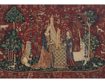 The Lady and the Organ II European Wall Tapestry - Gobelin Wall Tapestry - Medieval Tapestry Wall Décor - Hearing Lady and Unicorn Wall Art
