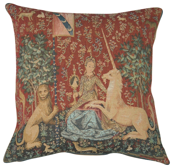 Woven Tapestry Cushion Cover: Medieval Unicorn Art, 100% Cotton (19x19 inch)
