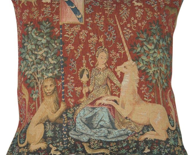 Woven Tapestry Cushion Cover: Medieval Unicorn Art, 100% Cotton (19x19 inch)