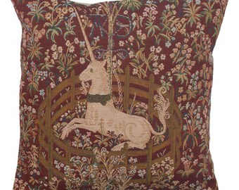 Licorne Captive In Red I Tapestry Cushion Cover - Decorative French Pillow Cover - 18x18 inch Unicorn Art Medieval Sofa Cushion Cover
