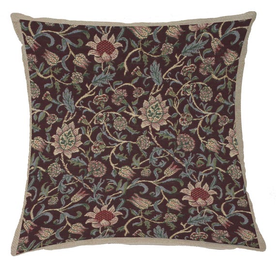 William Morris Tapestry Cushion Cover: Fleur de Morris Damson Floral Pillow (16x16 Inch)