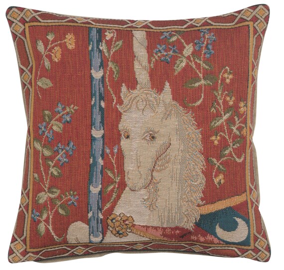 Unicorn Tapestry Pillow Cover: Medieval Woven Cushion Case (14x14 inch)