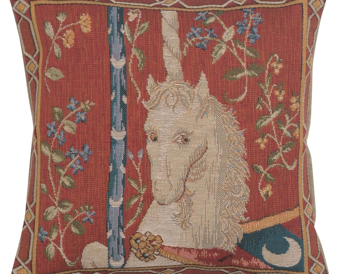Unicorn Tapestry Pillow Cover: Medieval Woven Cushion Case (14x14 inch)