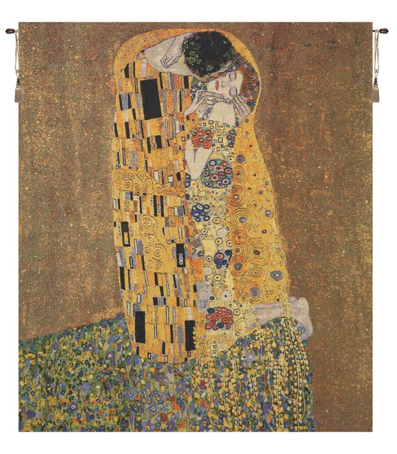Gustav Klimt's The Kiss Jacquard Woven Belgian Tapestry - Art Nouveau Wall Hanging Home Decor