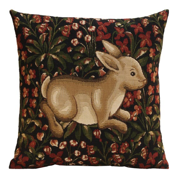 Vintage-Inspired Belgian Tapestry Cushion Cover: Medieval Rabbit Frolicking in Floral Garden