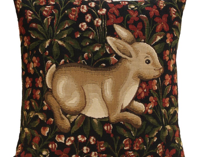 Vintage-Inspired Belgian Tapestry Cushion Cover: Medieval Rabbit Frolicking in Floral Garden