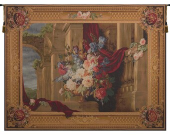 Bouquet Et Architecture Horizontal European Wall Tapestry - Floral Woven Wall Hanging - Jacquard Wall Tapestry - Decorative Wall Decor Art