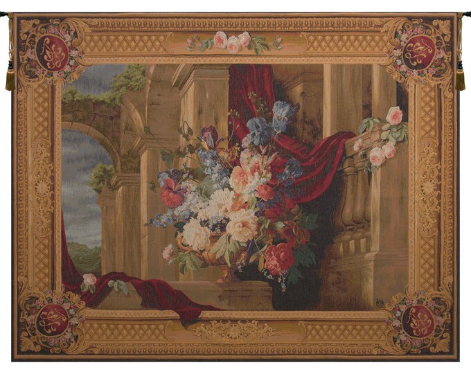 Bouquet Et Architecture Horizontal European Wall Tapestry - Floral Woven Wall Hanging - Jacquard Wall Tapestry - Decorative Wall Decor Art