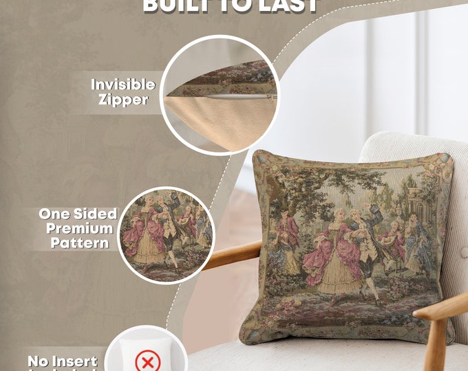 Elegant Belgian Woven Tapestry Pillow Cover: Francois Boucher Dancing Couple Artwork, 18x18  Cushion Case