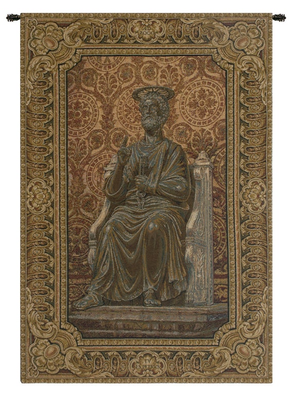 Bronze Statue of St. Pietro European Wall Tapestry - Saint Religious Wall Decor Art - Woven Italian Wall Tapestry - Jacquard Wall Hanging