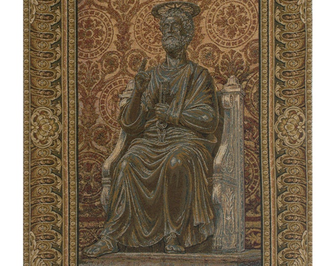 Bronze Statue of St. Pietro European Wall Tapestry - Saint Religious Wall Decor Art - Woven Italian Wall Tapestry - Jacquard Wall Hanging