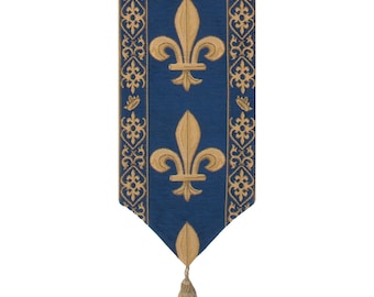 Blue Fleur De Lis Table Runner French Jacquard Woven Cotton Royal Dining Table Decor