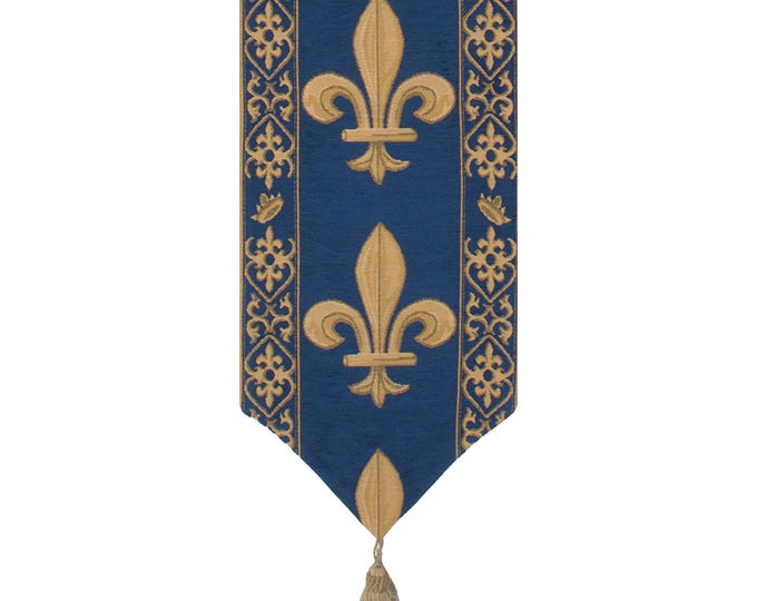 Fleur-de-Lys Jacquard Table Runner: French Royal Blue & Gold, 12x64 inch