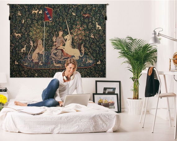 Lady and Unicorn Medieval Tapestry: Woven Wall Art Mirror Scene Decorative Belgian Hanging