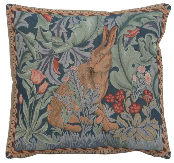 William Morris Rabbit Tapestry Cushion Cover: Jacquard Woven Cotton Pillow (14x14 inch)