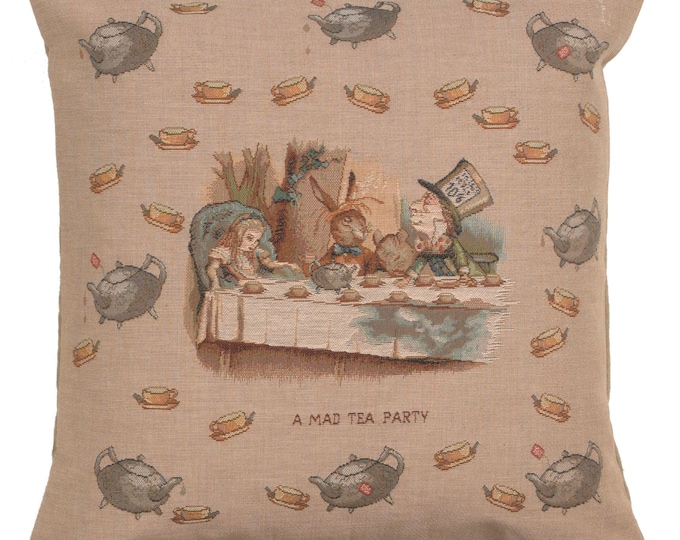Alice in Wonderland Tea Party Tapestry Cushion Cover: William Morris-Inspired Gobelin Pillow (19x19 inch)