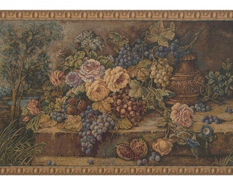 Bouquet with Grapes European Wall Tapestry - Floral and Fruits Woven Wall Hanging - Jacquard Wall Tapestry - Decorative Wall Decor Art