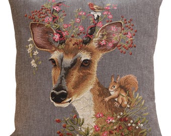 Elegant Forest Deer Grey Tapestry Pillow Cover 18x18 inch - Belgian Woven Cushion Case for Home Decor