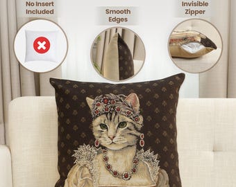 Royal Cat Tapestry Pillow Cover: Belgian Woven Crowned Cat, 18x18 inch