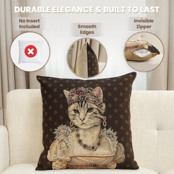 Royal Cat Tapestry Pillow Cover: Belgian Woven Crowned Cat, 18x18 inch