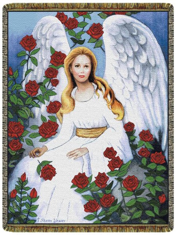 Rose Garden Tapestry Throw: Angel in Roses, North American Made (52x68 inch)