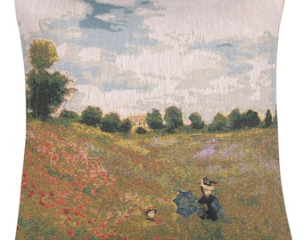 Monet’s Poppy Field Tapestry Pillow Cover - Decorative Belgian Cushion Cover 18x18 - Woven Throw Pillow Case for Home Decor