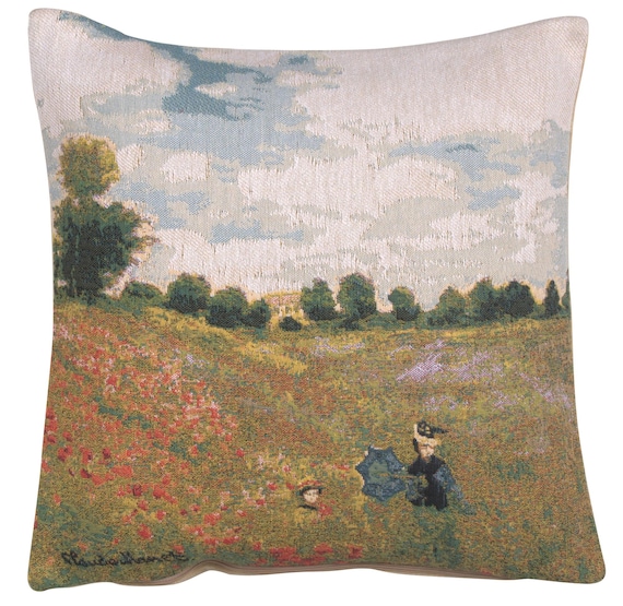Monet's Poppy Field Tapestry Pillow Cover: Belgian Woven Cushion (18x18)