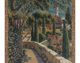 Varenna Vista Mini European Wall Tapestry - Gobelin Jacquard Wall Décor Art - Decorative Fine Art Wall Hanging - Floral Lake Garden Wall Art