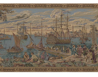The Harbor European Wall Tapestry - Tall Ship Jacquard Wall Decor Art - Woven Italian Wall Tapestry - Boat Decorative Wall Hanging