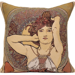 Mucha 'Amethyst' Gobelin Kissenhülle: Jugendstil Dekokissen