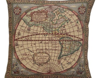 Belgian Woven Map Pillow Cover: Vintage Tapestry Cushion (16x16 inch)