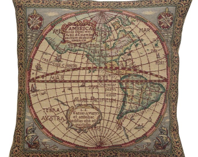 Belgian Woven Map Pillow Cover: Vintage Tapestry Cushion (16x16 inch)