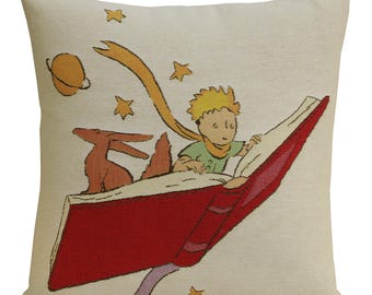 Little Prince Reading Book Throw Pillow Cover 18x18in Belgian Woven Tapestry Cushion