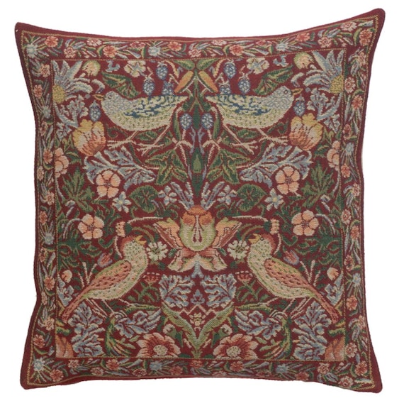 Strawberry Red William Morris Tapestry Pillow Cover - 16x16 inch Woven Cushion for Home Decor