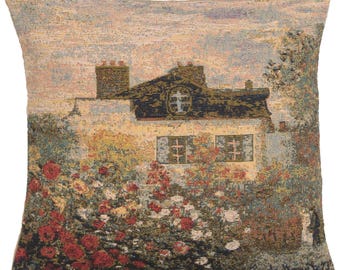 Monet's Mansion Tapestry Cushion Cover 18x18 inch – Jacquard Woven Gobelin Throw Pillow Cover – Elegant Sofa Pillow Cover