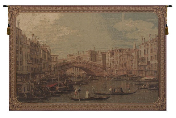 Antique Belgian Rialto Bridge Tapestry - Large European Woven Wall Art for Living Room Decor