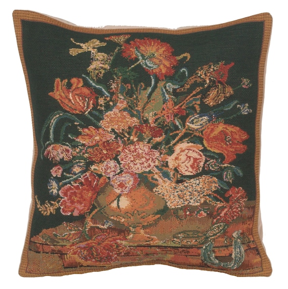 Floral Tapestry Pillow Cover: Woven Black Gobelin, 16x16 Inch