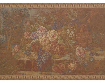 Bouquet with Grapes Red European Wall Tapestry - Woven Jacquard Wall Art - Italian Wall Tapestry - Floral and Fruits Lover Wall Hanging