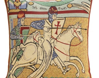 Chevaliers de St. Gregoire I Tapestry Pillow Cover | Bayeux Cushion Case | 16x16 inch Woven Pillow Case | Horse Lover Pillow Cover