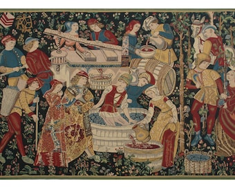 Vendages (Yellow) European Wall Tapestry - Gobelin Modern Wall Hanging - Medieval Woven Décor Art - Mille Fleurs Background Wall Art