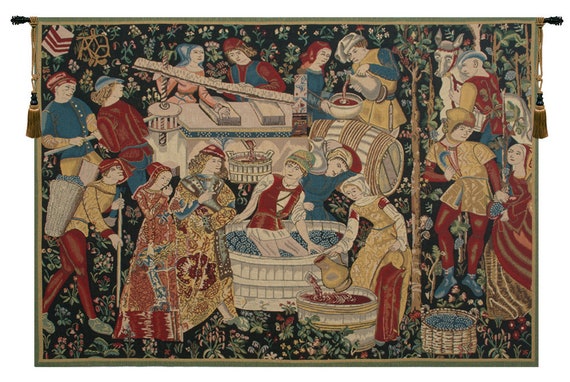 Medieval Wine Harvest Tapestry: Mille Fleurs Woven Wall Art (48x70 inch)