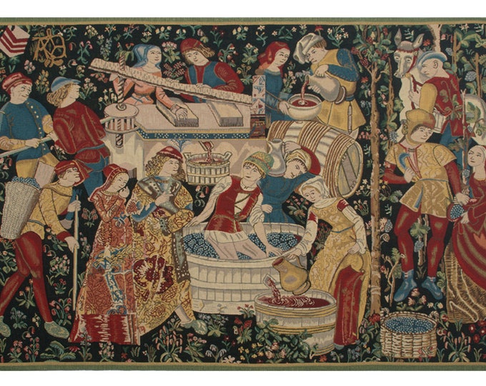 Medieval Wine Harvest Tapestry: Mille Fleurs Woven Wall Art (48x70 inch)