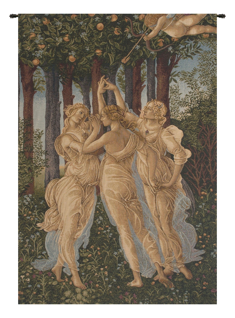 May include: A tapestry depicting three women dancing in a woodland setting. The women are wearing flowing robes and are surrounded by trees and flowers. A winged figure with a bow and arrow is seen in the top right corner of the tapestry.