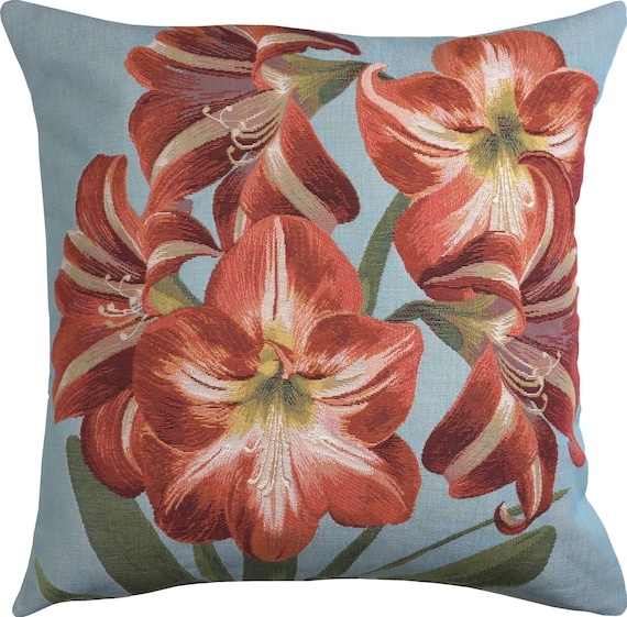 Amaryllis Floral Tapestry Cushion Cover: French Blue, 19x19 Cotton Pillow