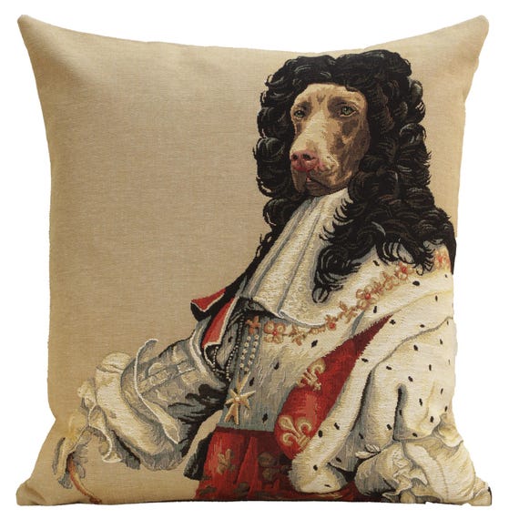 Louis XIV Dog Tapestry Pillow Cover: Belgian Woven Cotton Cushion (18x18)