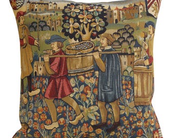 Les Vendanges Belgian Tapestry Cushion Cover – Vintage Grape Harvest Pillow Case