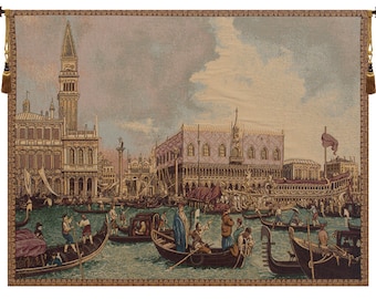 Bucintoro II European Wall Tapestry - Coastal Dwelling Wall Decor Art - Woven Italian Wall Tapestry - Famous Palace and Lake Wall Hanging